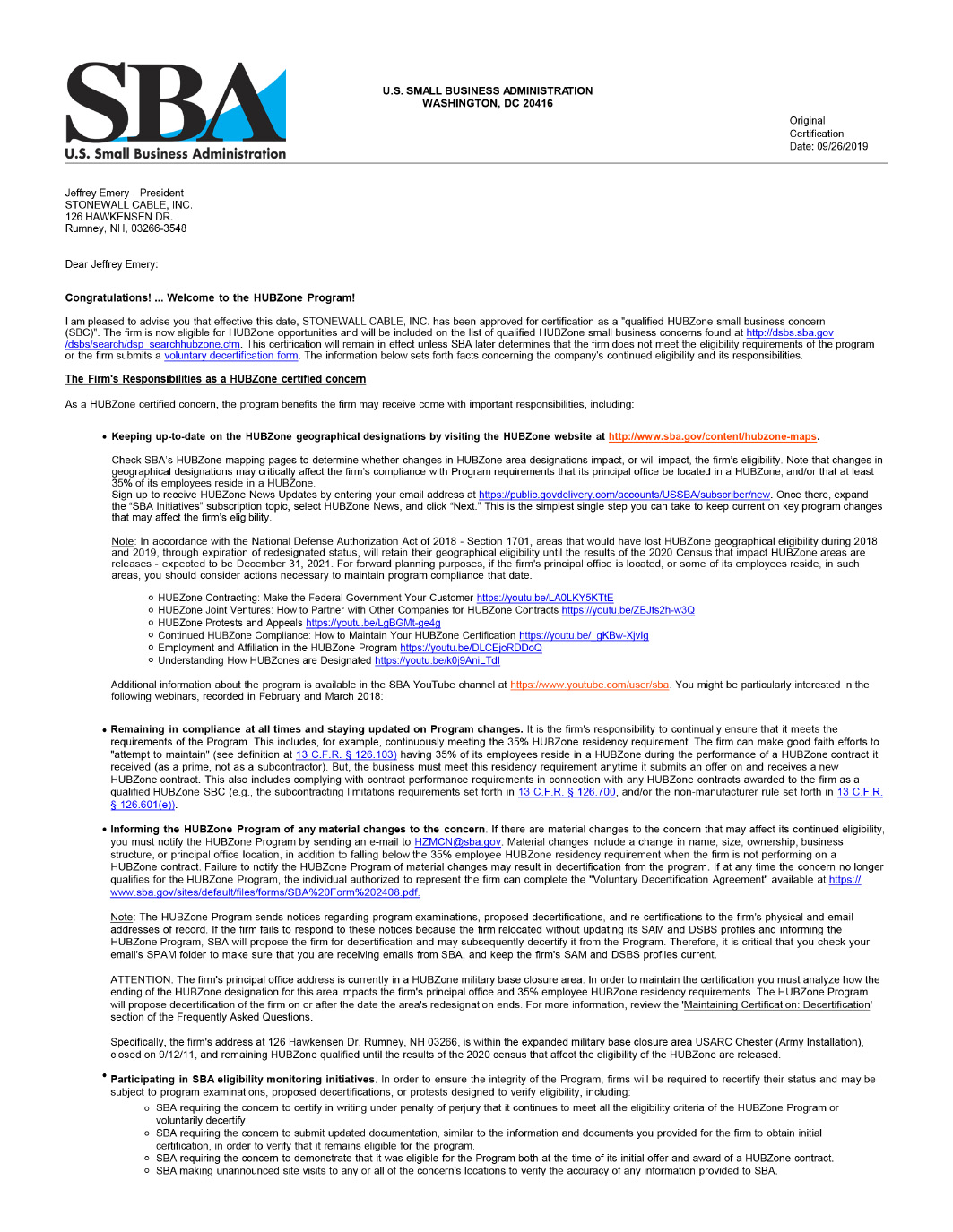 Stonewall Cable HubZone Certification Letter Page 1
